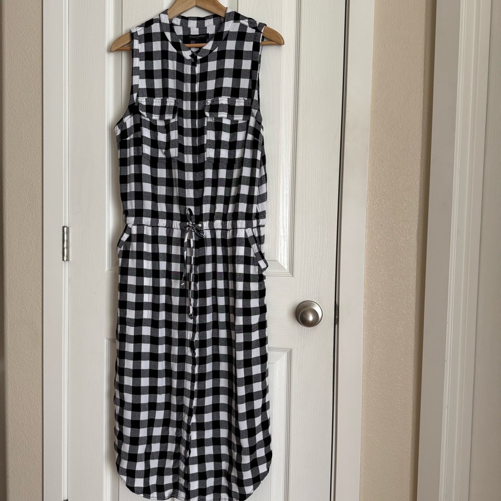 Banana Republic Black and White Sleeveless Gingham Midi Shirt Dress Size 14